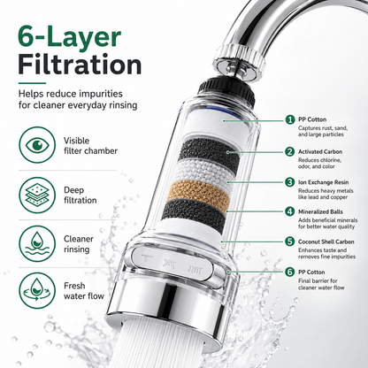 360° Rotating Faucet Aerator Filter, 6-Layer Filter with 3 Water Modes（ Includes 10 Replacement Filters ）